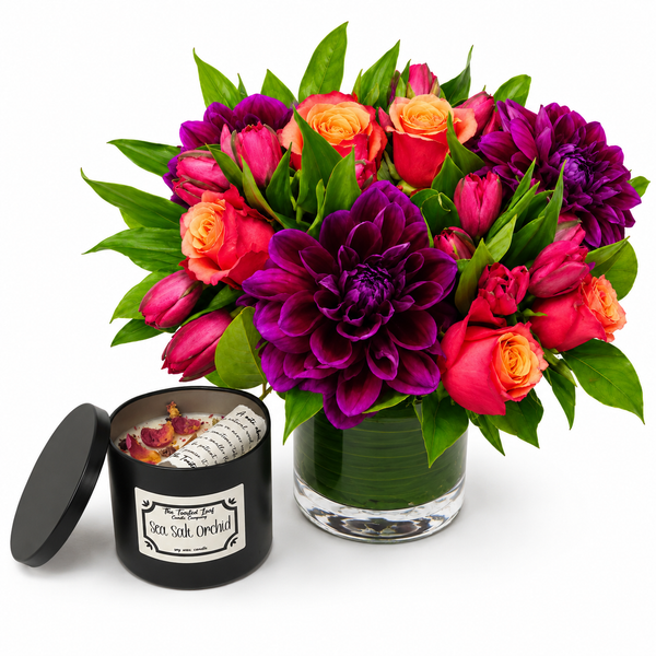 Cherry Brandy and Dahlias Floral Arrangement and Candle