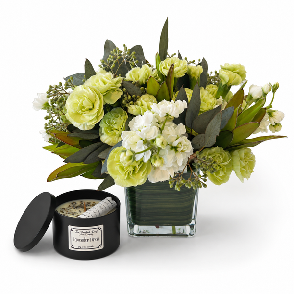Lemon-Lime Spritzer Flower Arrangement and Candle
