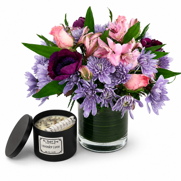Lavender Blues Floral Arrangement and Candle